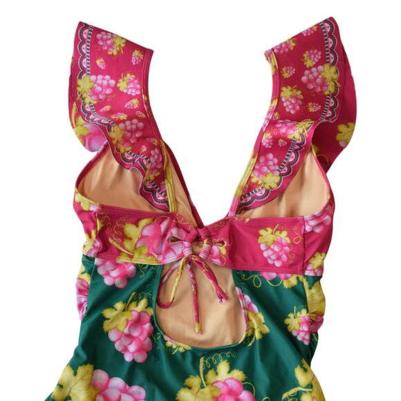Pink and Green Raspberry Grapes Ruffle One Piece Swimsuit Size Medium - Picture 6 of 9